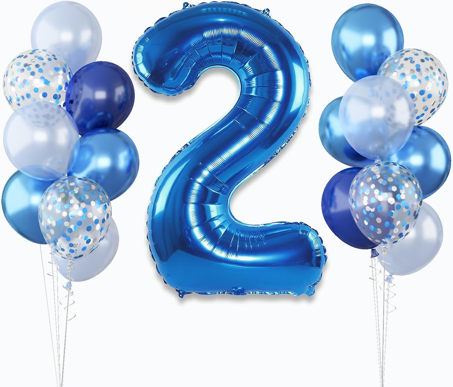 Foil Number Balloons - 2nd Birthday, Pastel Helium Balloons, 40 inch, Navy, Dark Blue, Silver Confetti, Self Inflating, Big Two, Boys' Birthday Party Decor