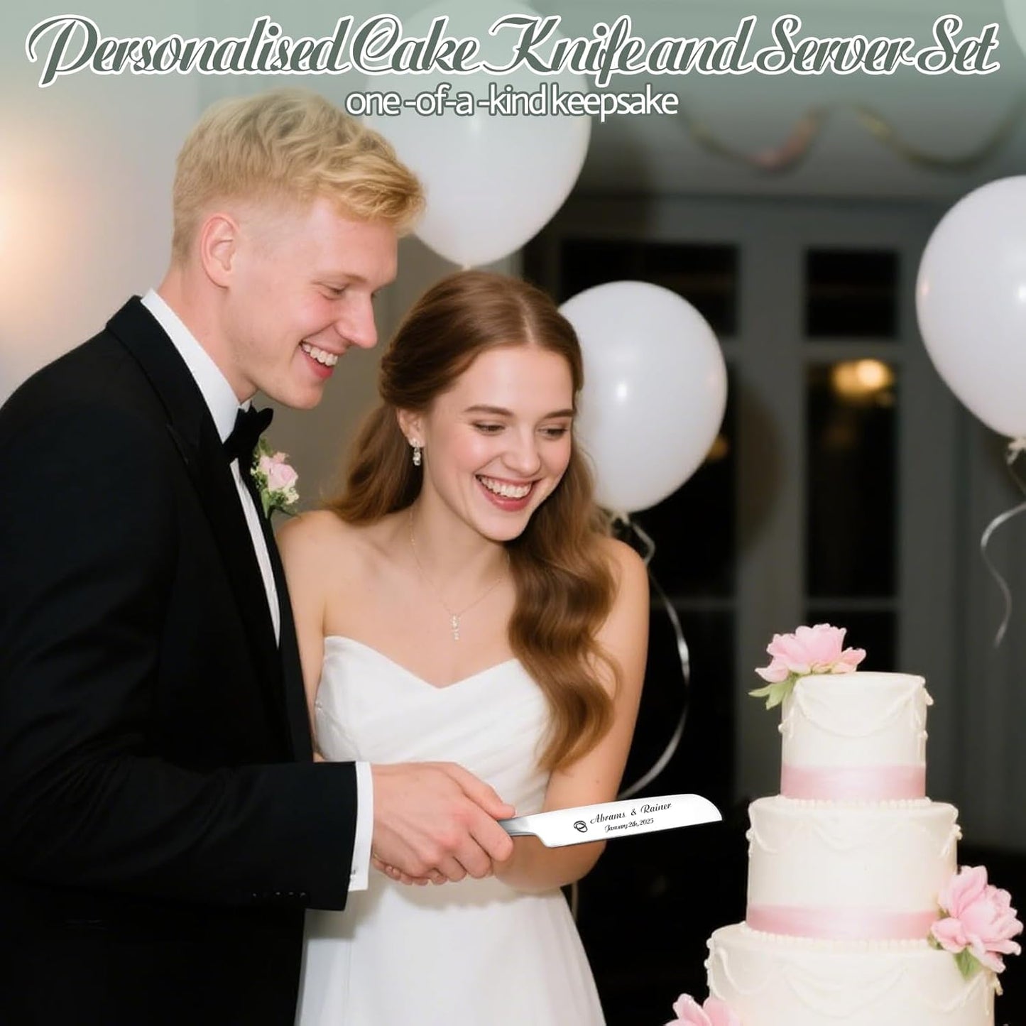 Personalized Wedding Cake Knife and Server Set - Custom Name Engraved Cutting Set with Elegant Gift Box, Ideal for Bridal Wedding Anniversary Birthday Gifts (Regular handle)