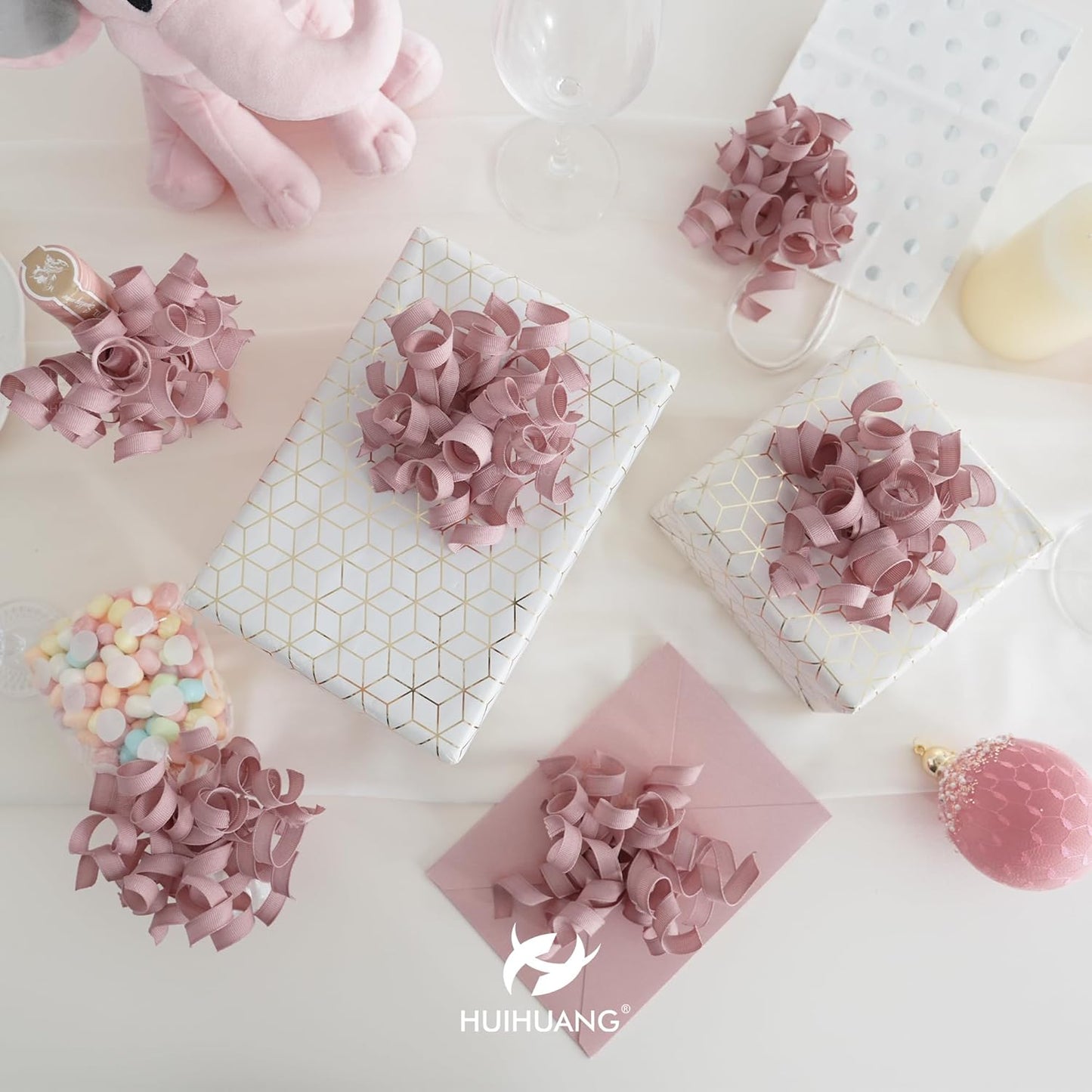 HUIHUANG Dusty Rose Bows for Gift Wrapping, Dusty Pink Curly Ribbon Bows Self Adhesive Burst Gift Bow for Presents, Wine Bottle, Treat Bags, Bridal Shower Wedding Party Favor - 6 Counts