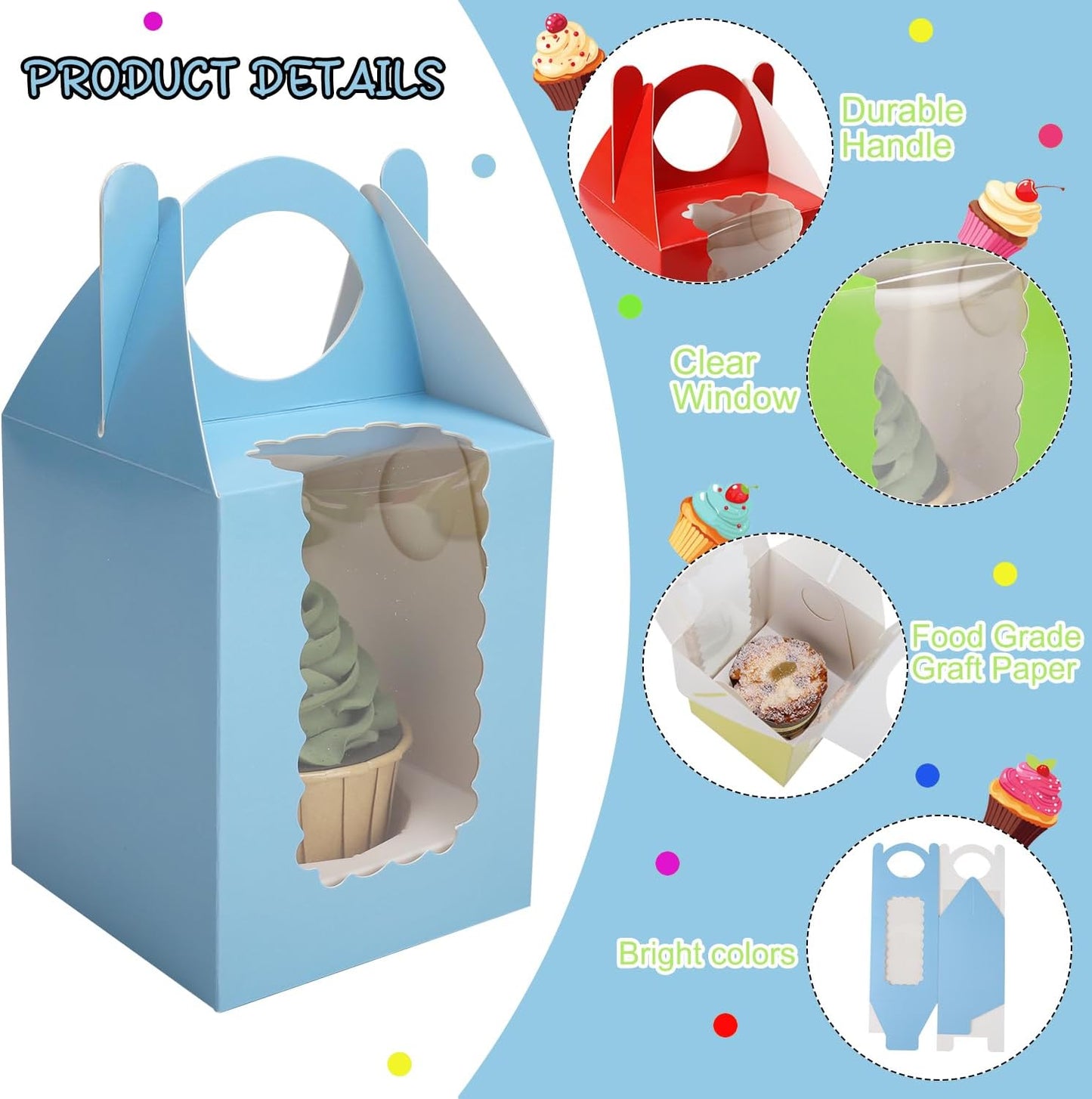 Individual Cupcake Boxes 4x4x5 Inches Disposable Pastry Tray Boxes, With Window Insert and Handle, Perfect for Parties, Birthdays, Bakery Wrapping and Events Containers (Red-50Pack)