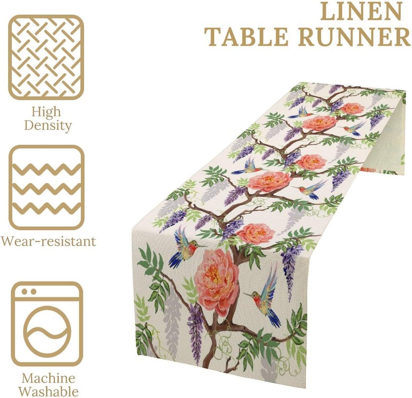 Vintage Bird Flower Table Runner Seasonal Spring Purple Wisteria Garden Plants Lavender Pink Florals Farmhouse Country Kitchen Dinner Runner Dining Table Decoration for Home Party Holiday 13"x70"