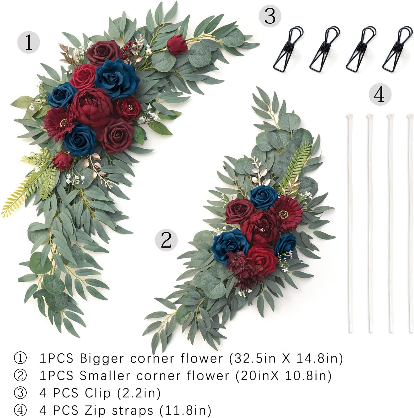 ponatia Wedding Arch Flowers (Pack of 2), Burgundy and Navy Flowers Wedding Decorations for Wedding Welcome Signs, Wedding Arches for Ceremony Reception