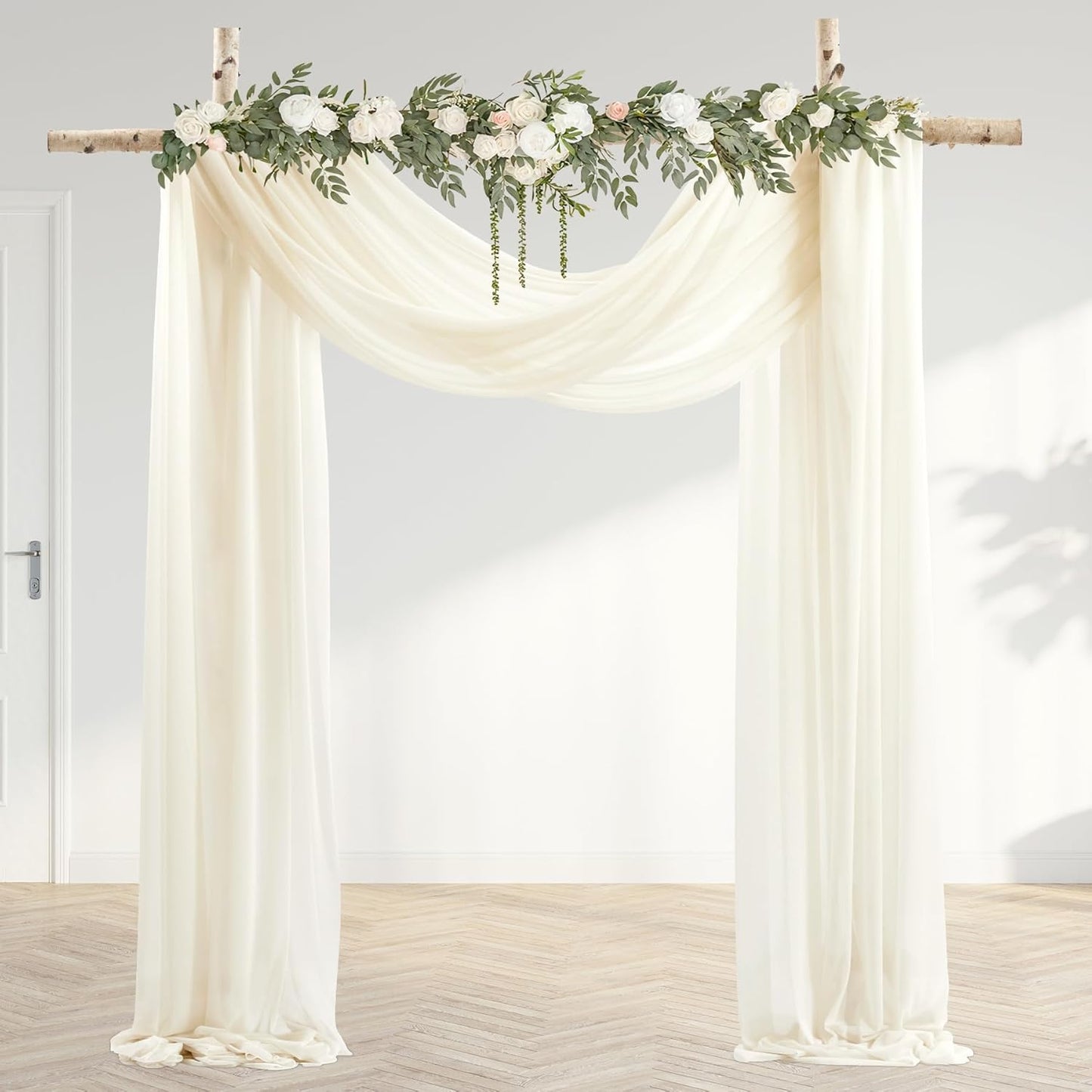 30" x 20Ft Wedding Arch Draping Fabric, 3 Panels Ivory Sheer Curtain Drapes Extra Wide & Long Backdrop Curtains for Wedding Arch Ceremony Birthday Party Decorations