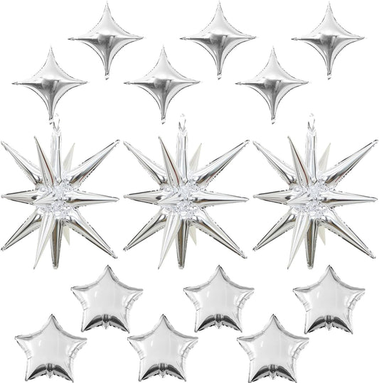 Silver Star Balloons, 22in Large Star Balloons Foil 10in 4-Pointed & Silver Pentagram Balloon for Graduation New Year Wedding Baby Shower Birthday Party Decorations