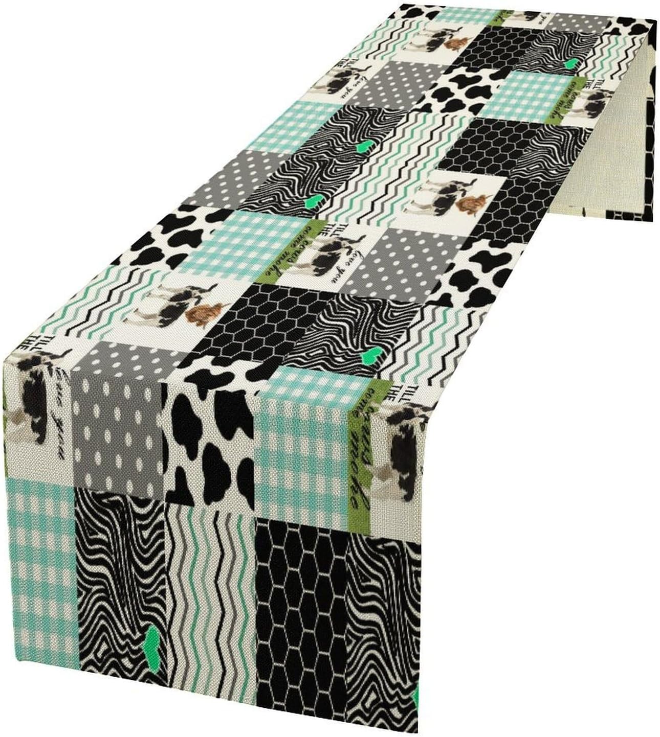 Cute Cow Print Table Runner,Farm Animals Honeycomb Plaid Stripes Cowhide Pattern Tablecloth Burlap for Hotel Indoors Outdoor Dining Room Kitchen Table Decor, 13x60in