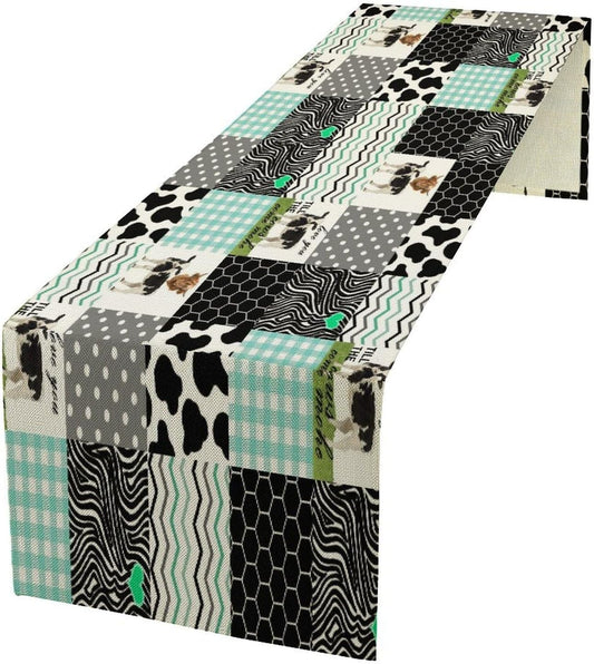 Cute Cow Print Table Runner,Farm Animals Honeycomb Plaid Stripes Cowhide Pattern Tablecloth Burlap for Hotel Indoors Outdoor Dining Room Kitchen Table Decor, 13x36in