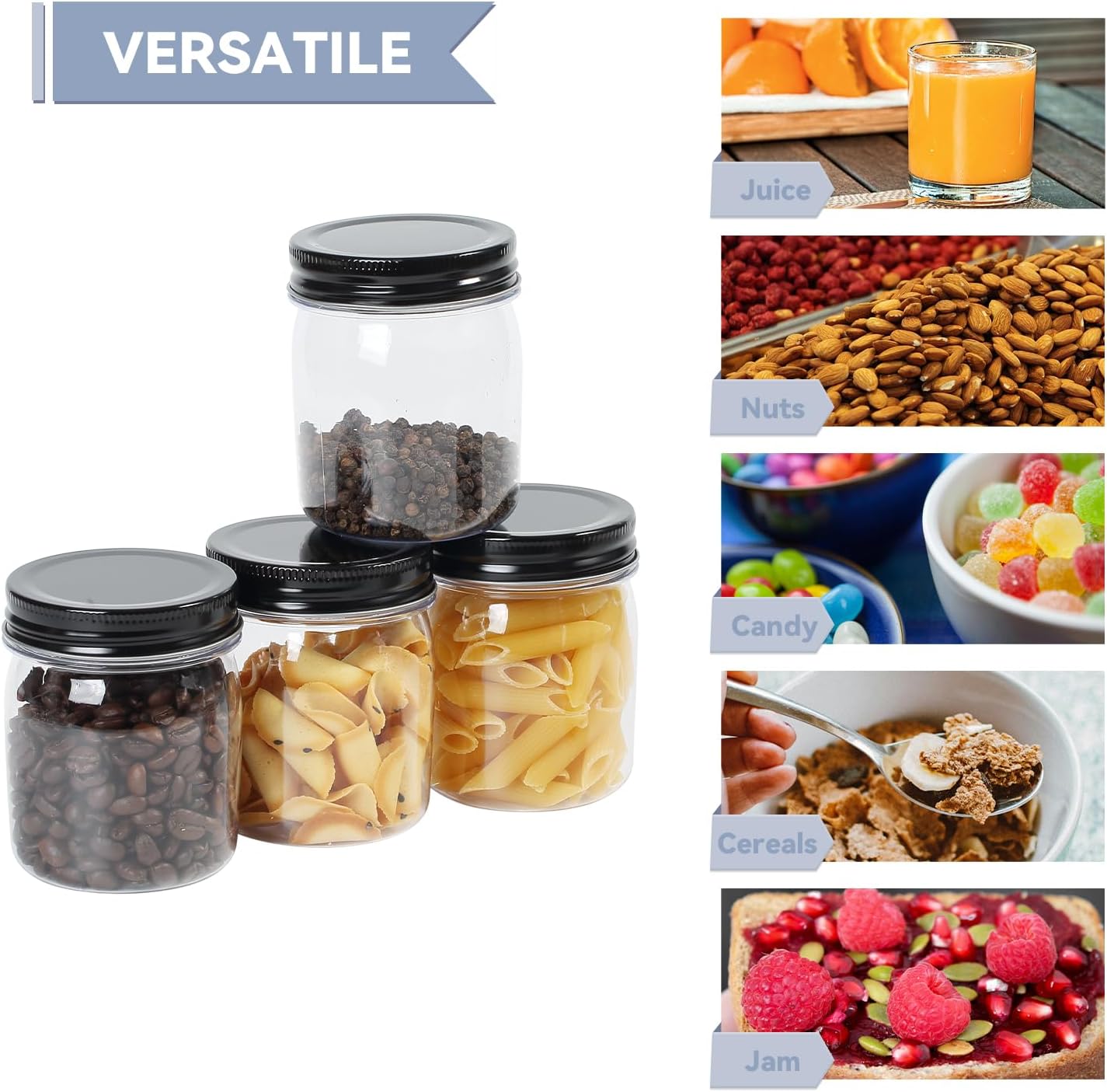 novelinks 8 oz Clear Plastic Jars with Screw-On Lids - BPA-Free Refillable Storage Containers for Slime, Spices, Crafts, Kitchen & Home Organization (48 Pack,Black)