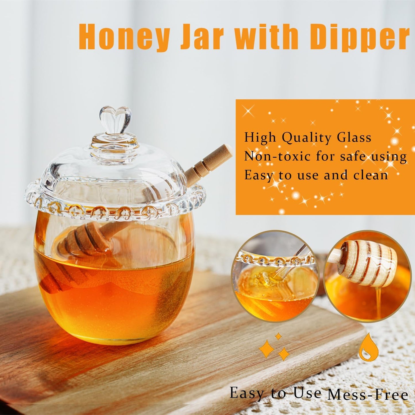 Kanpura Glass Honey Jar with Dipper and Lid, 6oz Crystal Honey Dispenser, Containers for Home Kitchen