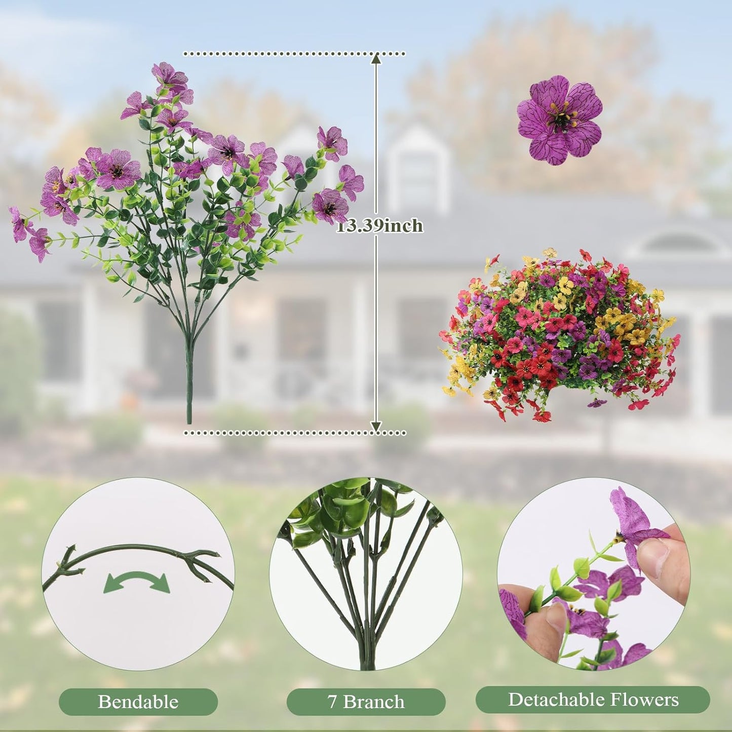 Artificial Flowers for Outdoors 12 Bundles, UV Resistant Colorful Fake Silk Flower Outdoor Planter Garden Decor Indoor Decorations