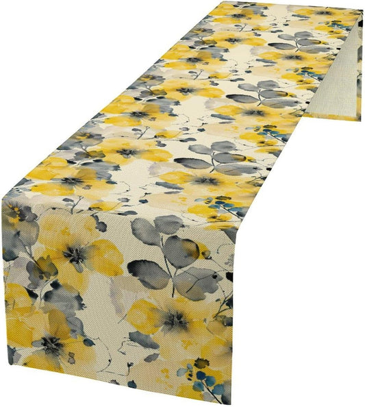 Floral Table Runner,Yellow Flowers Spring Print Table Cloth Kitchen Dining Table Home Party Decoration 13x72 Inch