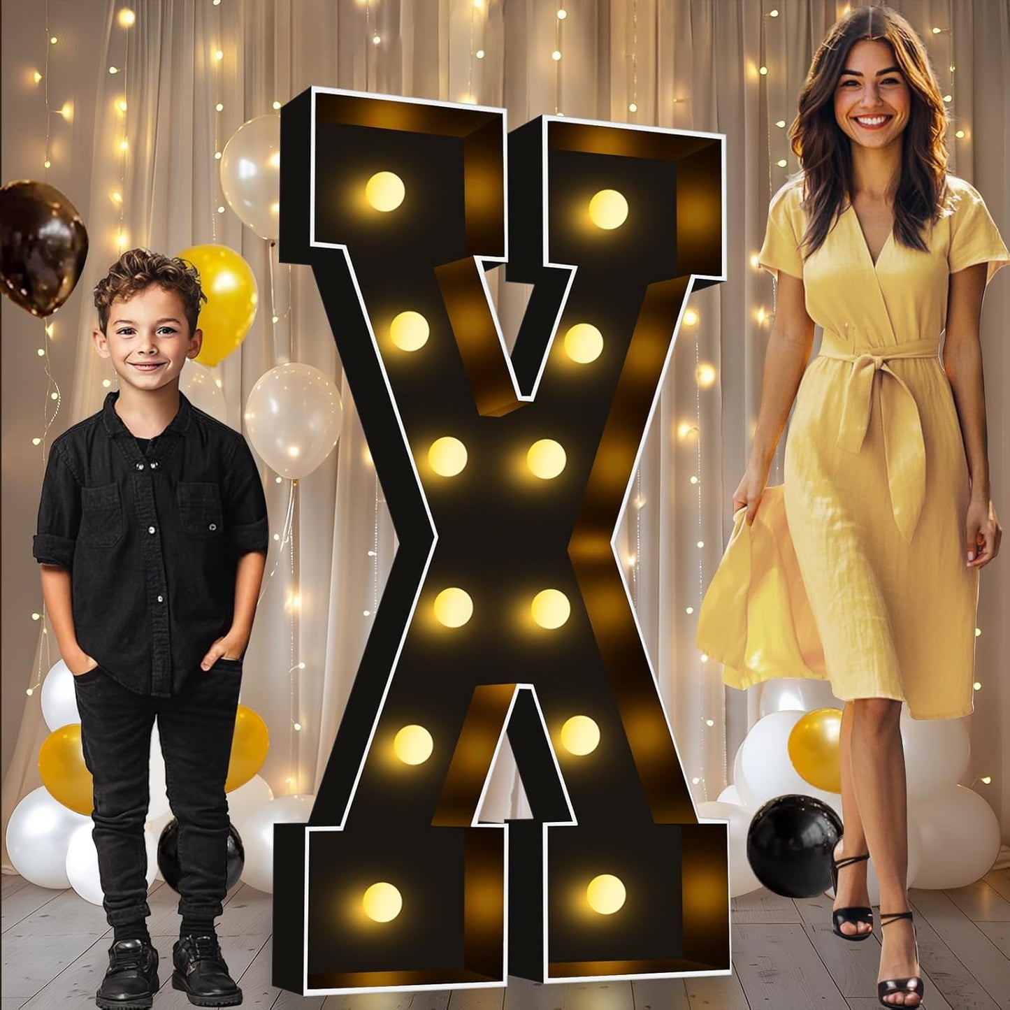 Pooqla 4 FT Marquee Light Up Letters, Black Marquee Letter Lights 4 Feet Tall for Birthday Decoration, Big Mosaic Letters Sign for Balloons Party Anniversary Wedding Decorations, Giant Warm White X