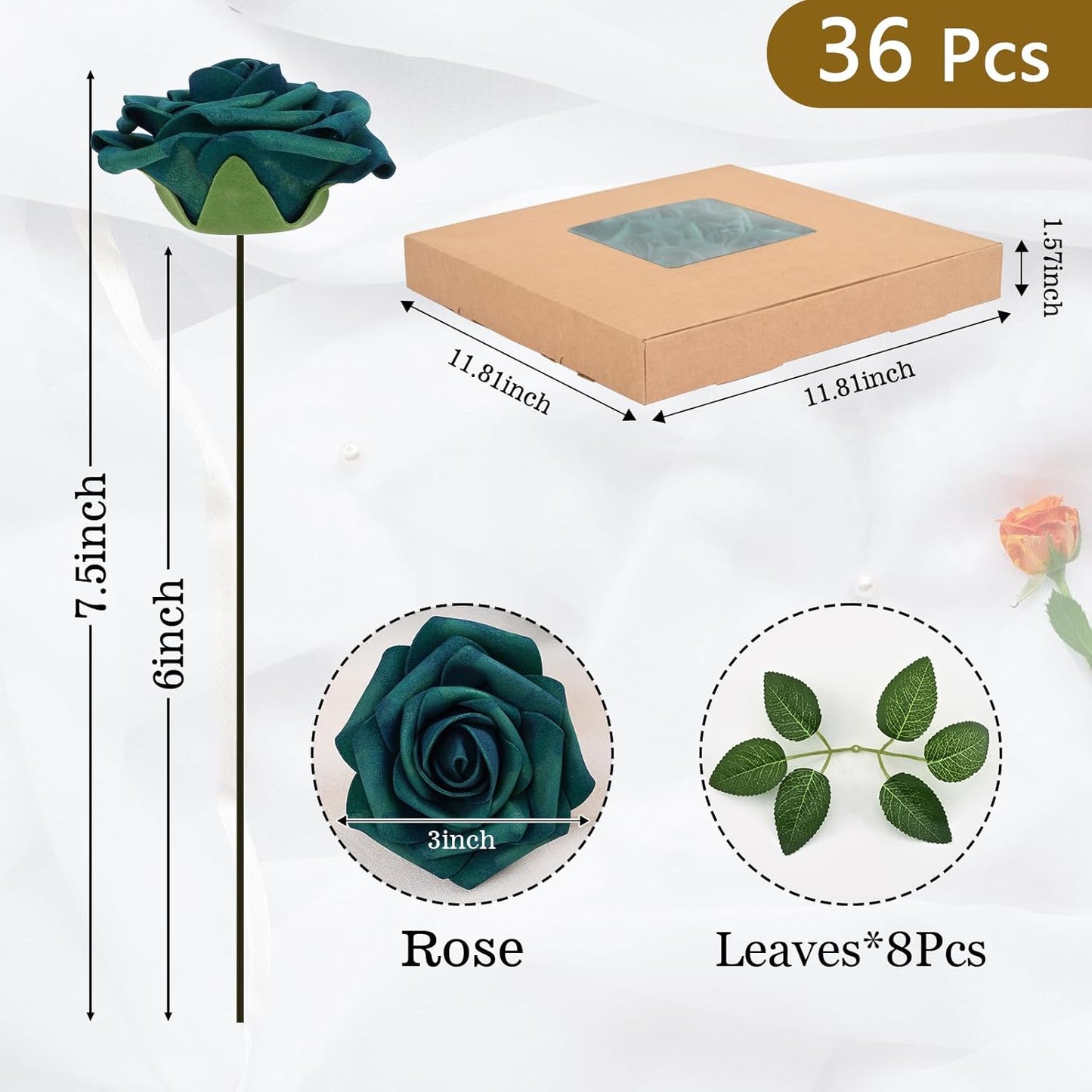 BLEUM CADE 36Pcs Artificial Flowers Fake Roses with Stems, Army Green Boxed Foam Roses for DIY Bouquets Centerpieces Wedding Party Arrangement Bridal Shower Decor