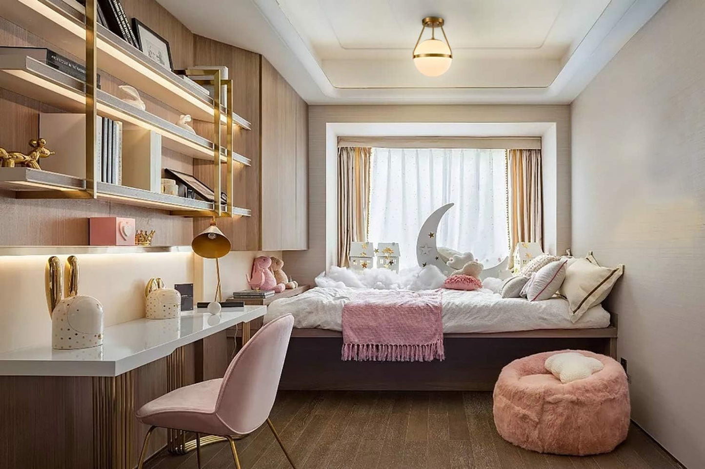 HOLKIRT Mid Century Modern Globe Semi Flush Mount Ceiling Light Fixture,White Opal with Brass Finish,Living/Dinning Room