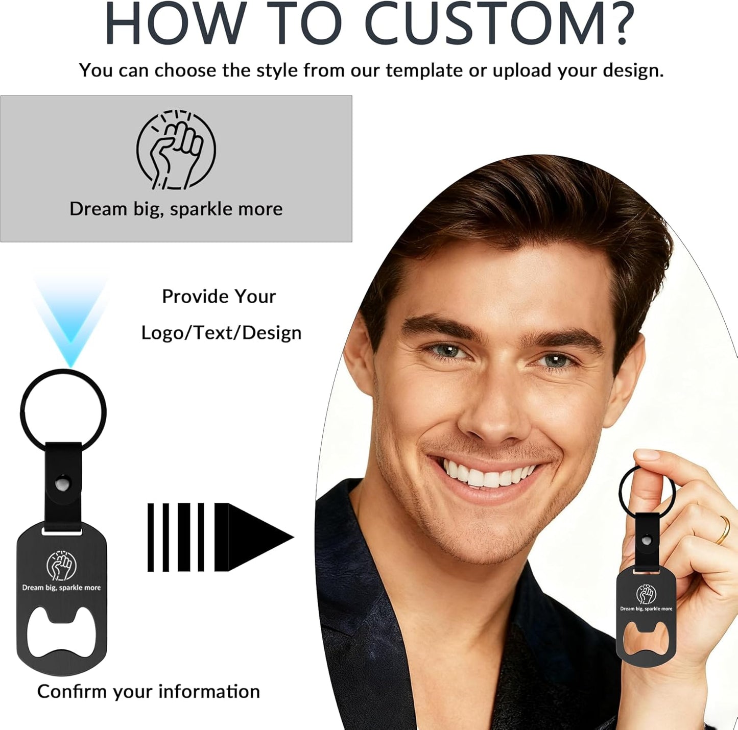 2 in 1 Personalized Bottle Openers Keychains Bulk,Pack 5-100 Flat Metal Custom Keychain with Your Text/Logo/QR Code, Unique Multitools for Wedding Party Favor, Bar, Promotion, Gift (Black)