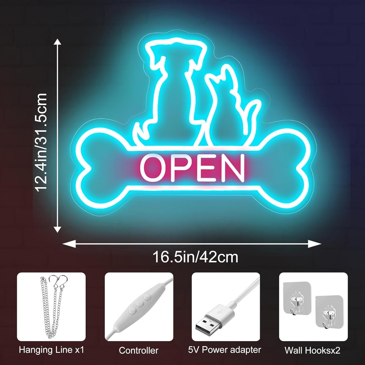 Pet Shop Open Neon Sign LED Dog And Cat Open Sign Bright Pet Grooming Salon Light Animal Shelter Storefront Decor Vet Clinic Window Sign, Ice Blue+Light Pink, 16.5"x12.4"
