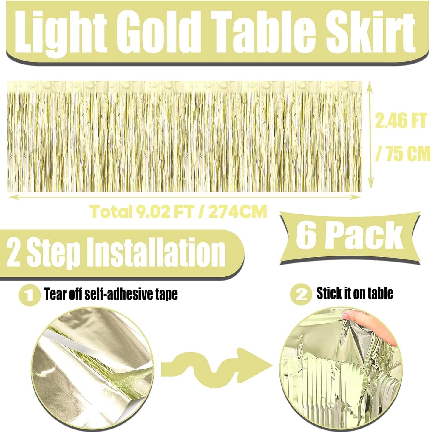 6 Pack 29x108 Inch Metallic Foil Fringe Tinsel Table Skirts Banner for Rectangle Tables Streamer Garland Backdrop for Wedding, Birthday, Parade Floats, Valentine's Day Party Decoration(Light Gold)