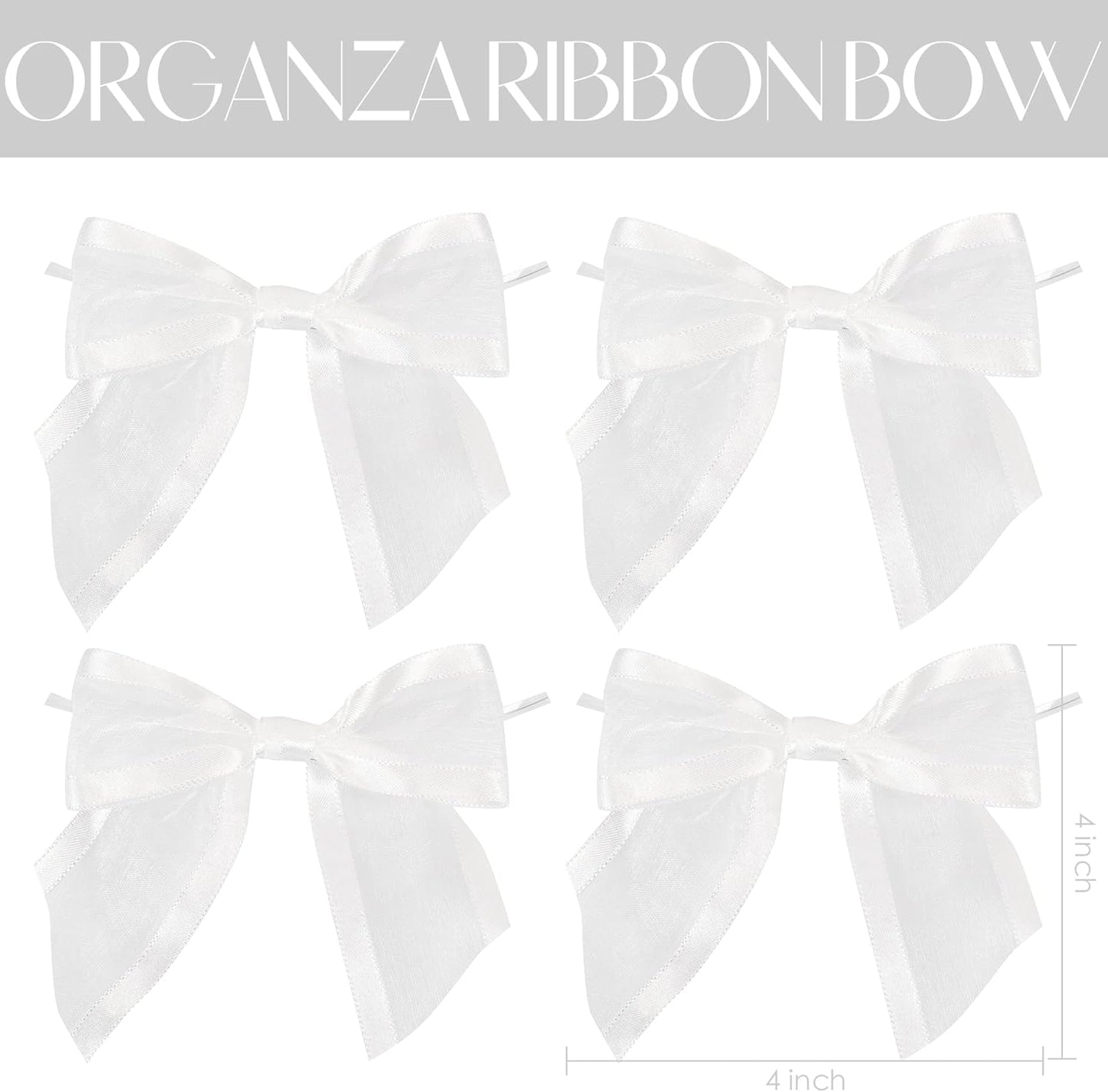 AIMUDI White Bows for Wedding Decor 4" Premade White Christmas Tree Bows Pre Tied White Bows for Crafts Small White Gift Bows Organza Fabric Bows for Treat Bags, Gift Wrapping, Baby Shower -12 Counts