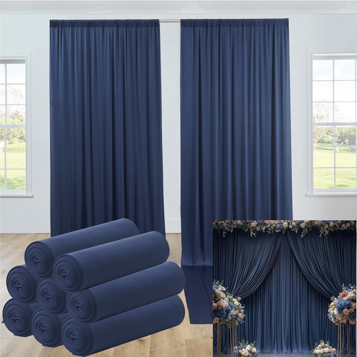 40ftx12ft Wrinkle Free Navy Blue Backdrop Curtain, 8 Panels 12FT Height Navy Blue Wedding Backdrop Drapes, Silky Polyester Back Drop Cloth for Birthday Photography Background Party Backdrop Draping