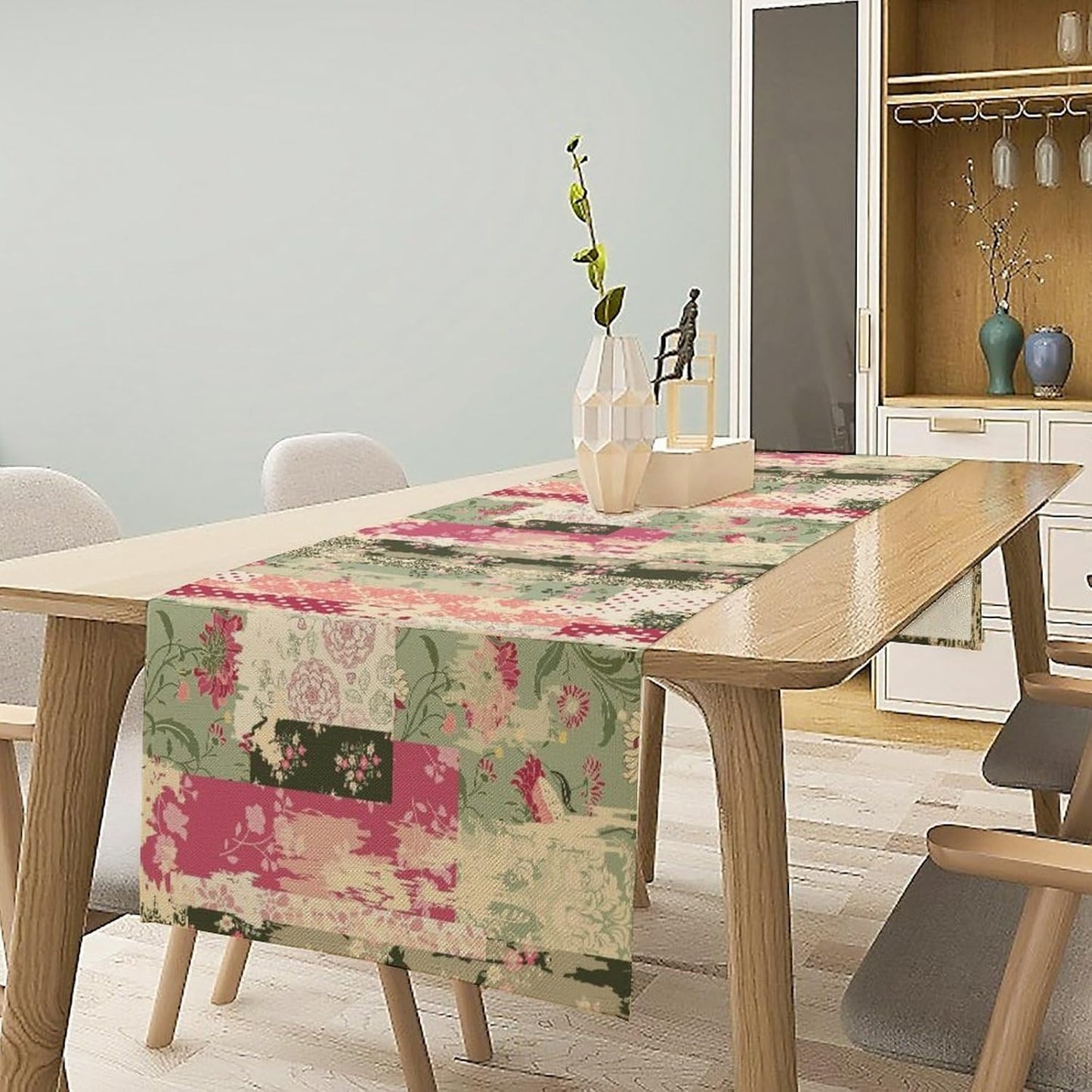 Patchwork Flower Table Runner,Abstract Colorful Floral Retro Style Hand Drawn Tablecloth Burlap for Hotel Indoors Outdoor Dining Room Kitchen Home Decor,W13X L108 in