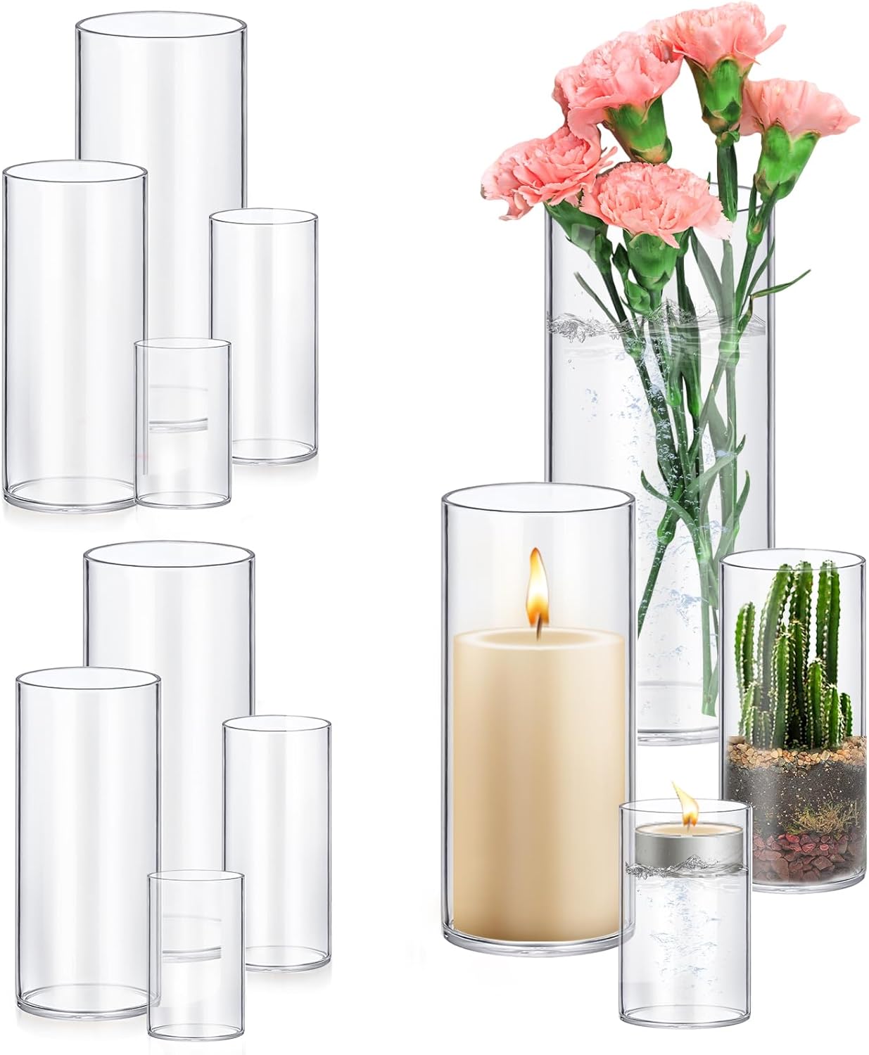 8 Pack Glass Cylinder Vases 4,6,8,10 Inch Tall Clear Flower Vase Hurricane Floating Candle Holder for Table Centerpiece Wedding Home Decor