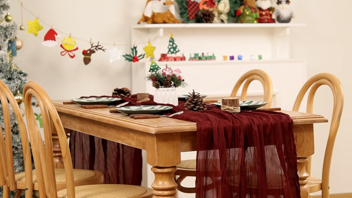 MLMW 6 Pack Christmas Table Runner Cheesecloth Burgundy Boho Cheese Cloth 160 inch Gauze Rustic Sheer Table Runner 13.3ft for Party Wedding Baby Bridal Shower Birthday