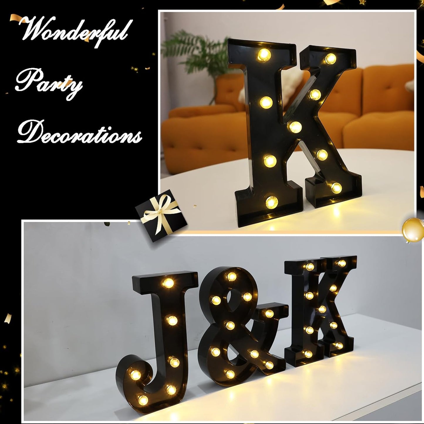 Led Marquee Letters, 8.58 Inch Black Light Up Letters, Small Led Letter Lights, Battery Powered Lighted Letterfor Table, Party, Birthday, Christmas Decor (Black, Letter K)
