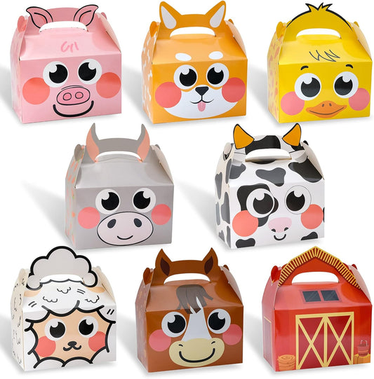 24 Pack Farm Animal Party Favor Boxes, Farmhouse Themed Party Candy Goodie Treat Gift Boxes for Baby Shower Kids Birthday Party Decorations Supplies, 8 Designs