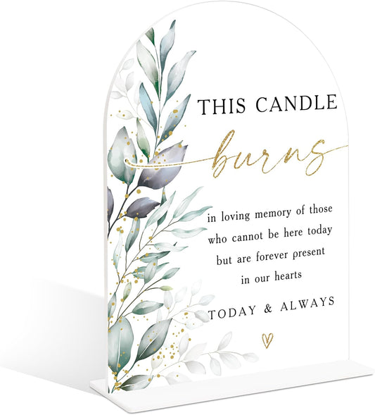 Acrylic Wedding Signs, Greenery Theme This Candle Burns in Loving Memory of, Memorial Table Sign for Wedding, Bridal Shower Table Decor with Stand, Engagement, Anniversary, Newlywed Event Supplies, 25