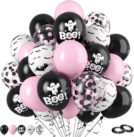 FunHot Halloween Party Balloons, 60Pcs Pink Black Halloween Balloon, 12 Inch Black Pink Confetti Balloons Bat Ghost BOO Printed Pattern Balloon with Ribbons for Kids Birthday Halloweens Decoration