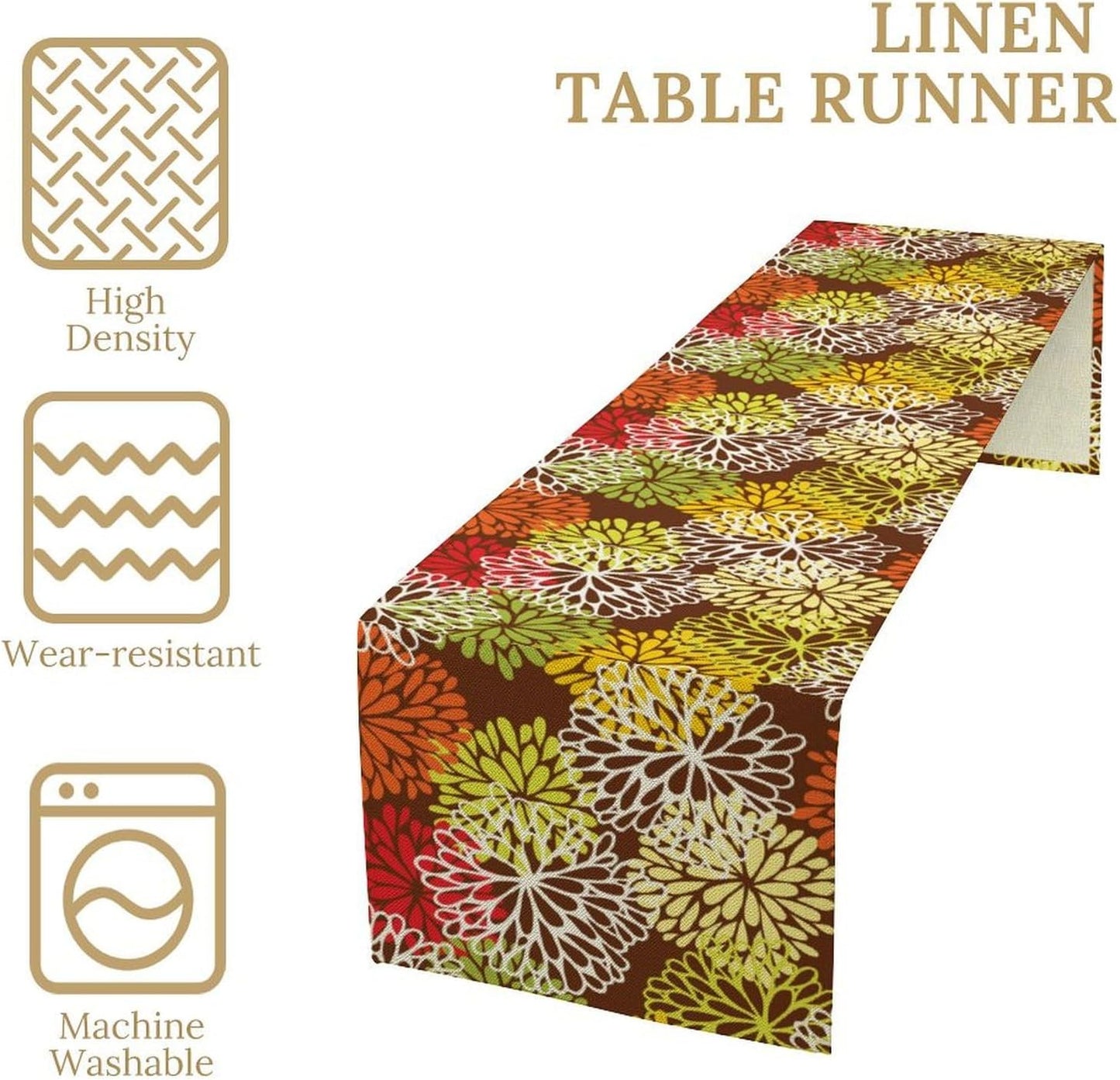 Brown Dahlia Floral Table Runner, Seasonal Autumn Thanksgiving Pattern Print for Home Kitchen Table Decor Dining Coffee Room Party Decor 13x36 Inch