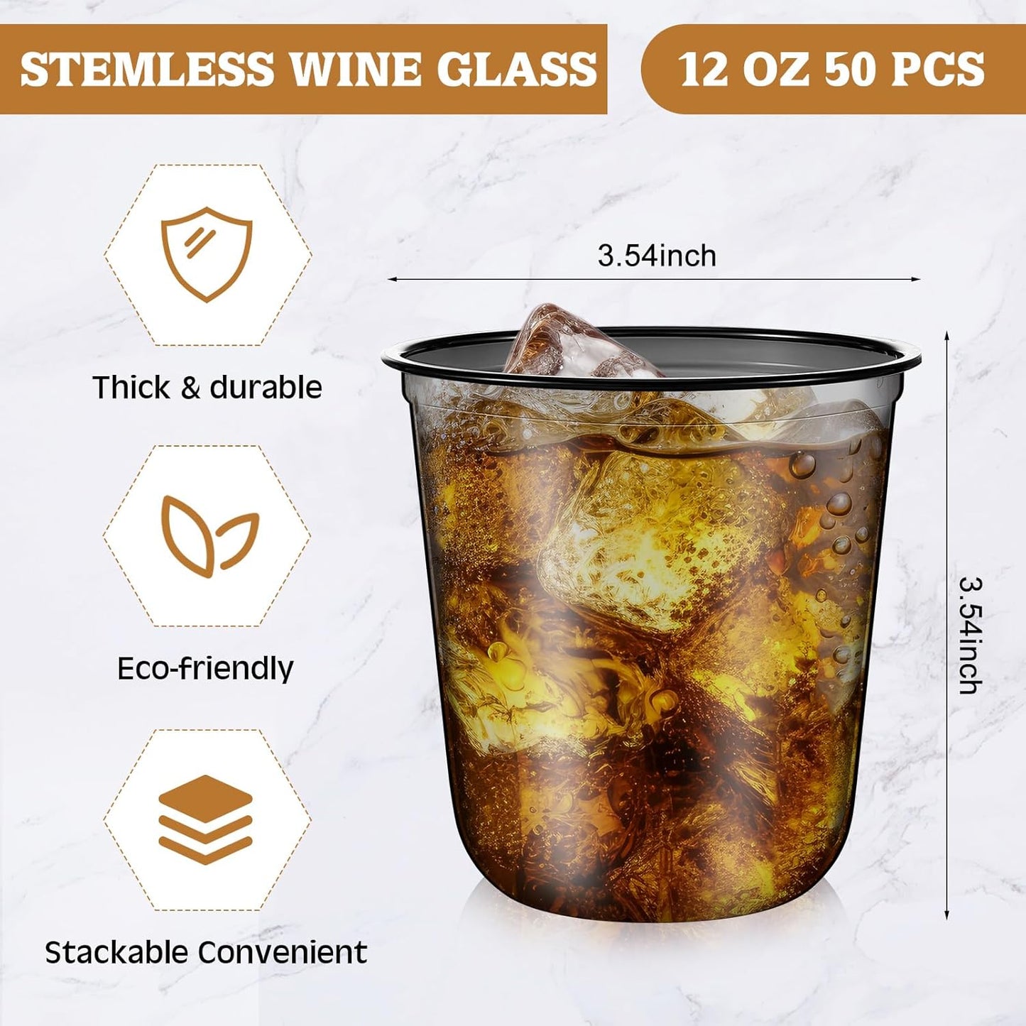 Disposable Stemless Glasses 12oz Crystal Plastic Wine Glasses Clear Classic Pet Cup for Meeting Weddings Birthdays Cocktail Christmas Party Supplies(Black,50pcs)