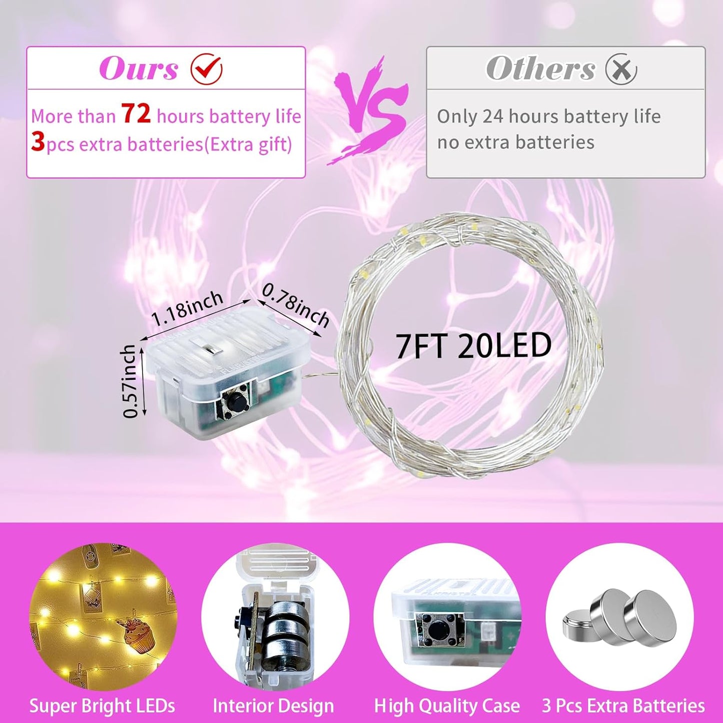 8 Pack Pink Fairy Lights 7Ft 20 LED Twinkle String Lights 3 Modes Battery Operated Waterproof Firefly Starry for Mason Jar Party Wedding Christmas Valentines Day Table Centerpieces