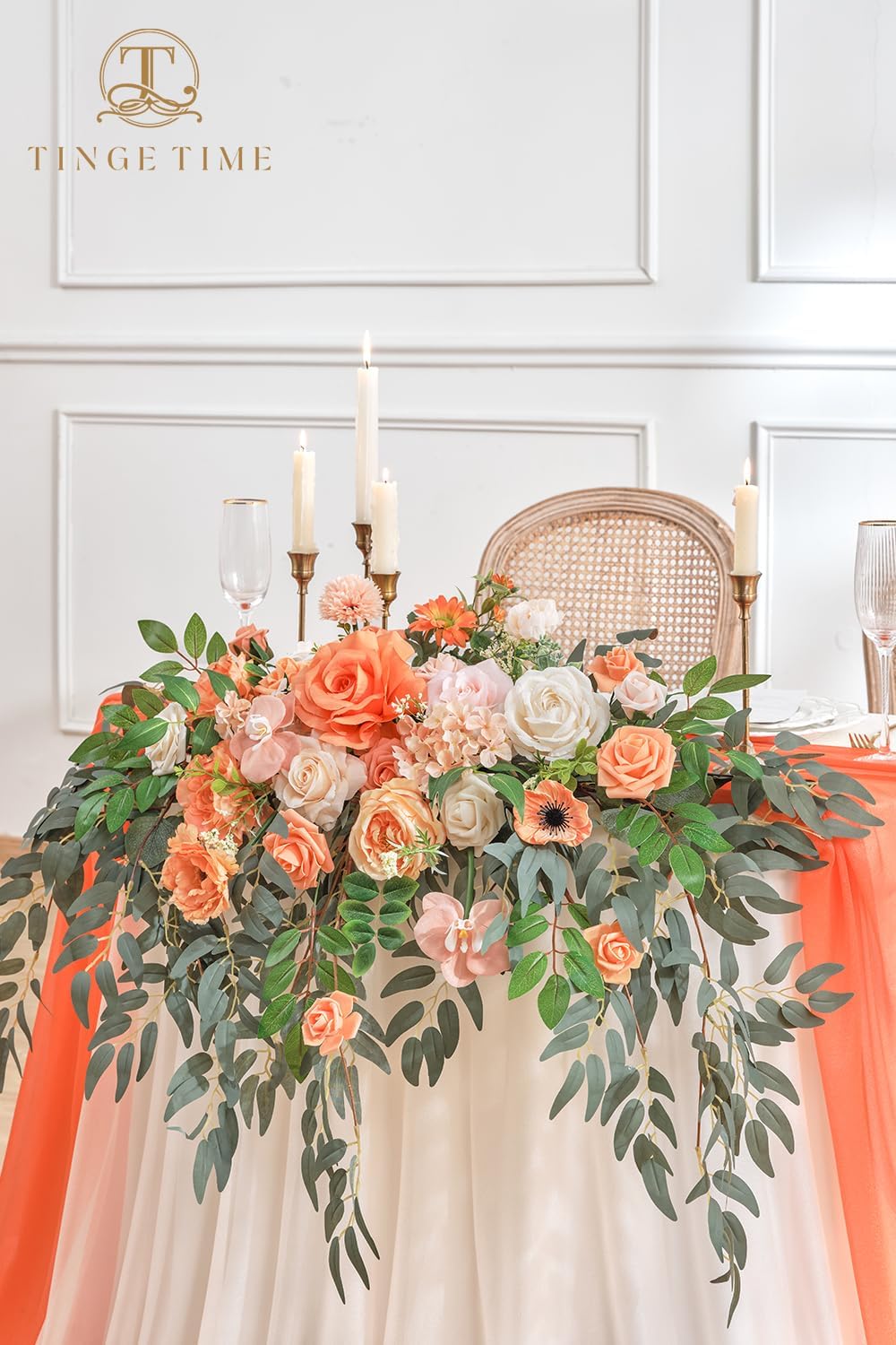 TINGE TIME Artificial Sweetheart Flower Swag with Table Cloth and Table Runner, Pack of 3 Floral Arrangement for Wedding Sweetheart Table Centerpiece Decoration (CoralPink&Champagne)