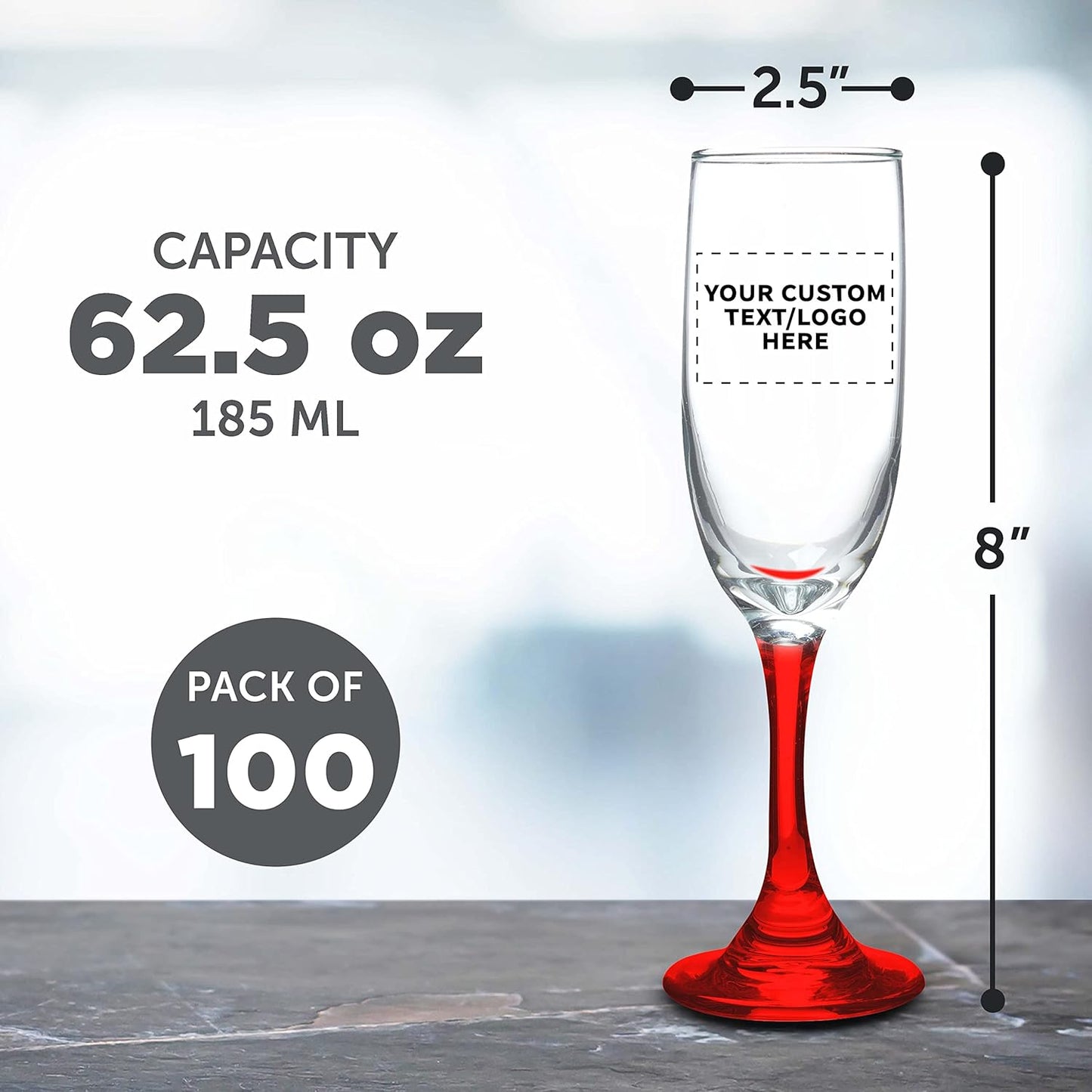 DISCOUNT PROMOS Custom Premiere Champagne Flutes 6.25 oz. Set of 100, Personalized Bulk Pack - Elegant Drinkware for Weddings, Events, & Promotional Gifts - Red