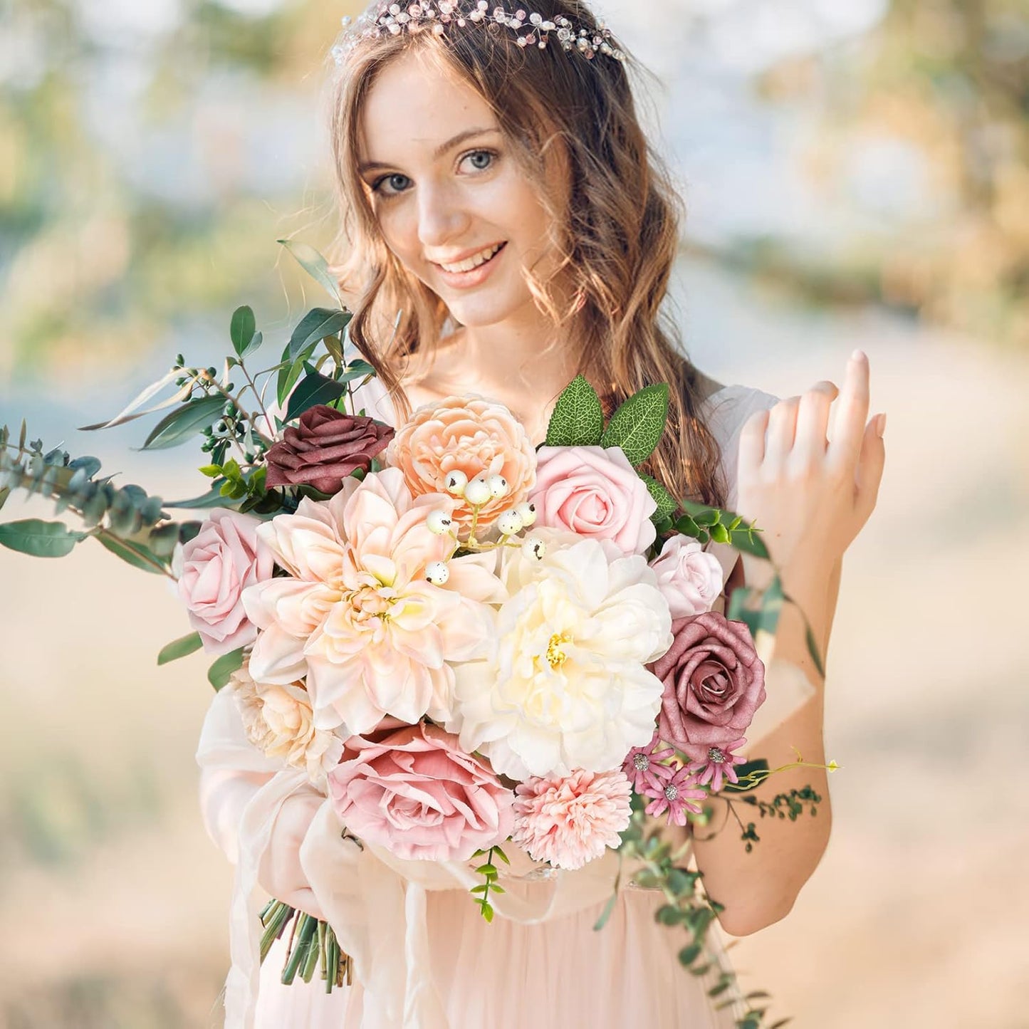 AmyHomie Blush Champagne Artificial Flowers Combo Silk Mix Peony Rose Fake Flowers w/Stem for DIY Wedding Bouquets Centerpieces Arrangements Table Fall Decor Party Bridal Baby Shower Home Decorations