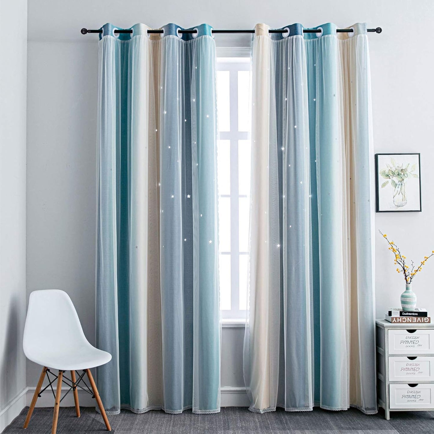 FANLI Ombre Rainbow Blackout Curtains for Kid Girls Bedroom Living Room Darking Stripe Double Layer Star Cut Out Wall Home Decor Gradient Grommet Window Curtains (Blue/Yellow, 52W x 84L)