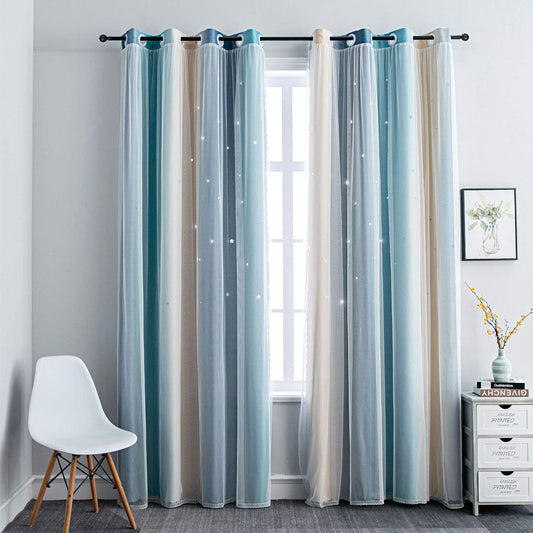 FANLI Ombre Rainbow Blackout Curtains for Kid Girls Bedroom Living Room Darking Stripe Double Layer Star Cut Out Wall Home Decor Gradient Grommet Window Curtains (Blue/Yellow, 52W x 84L)