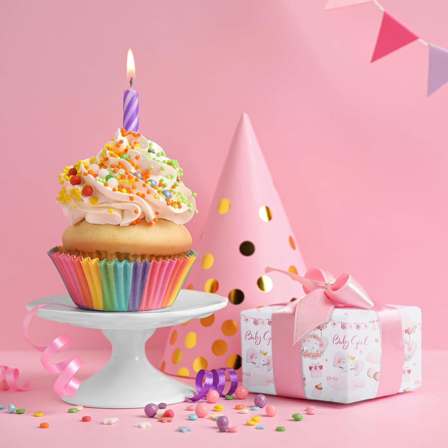 Aimyoo Pink Baby Shower Wrapping Paper Roll - 17 Inch X 32.8 Feet - Cute Elephant with Baby Girl Letter Design Perfect for Girls, Birthday, Party