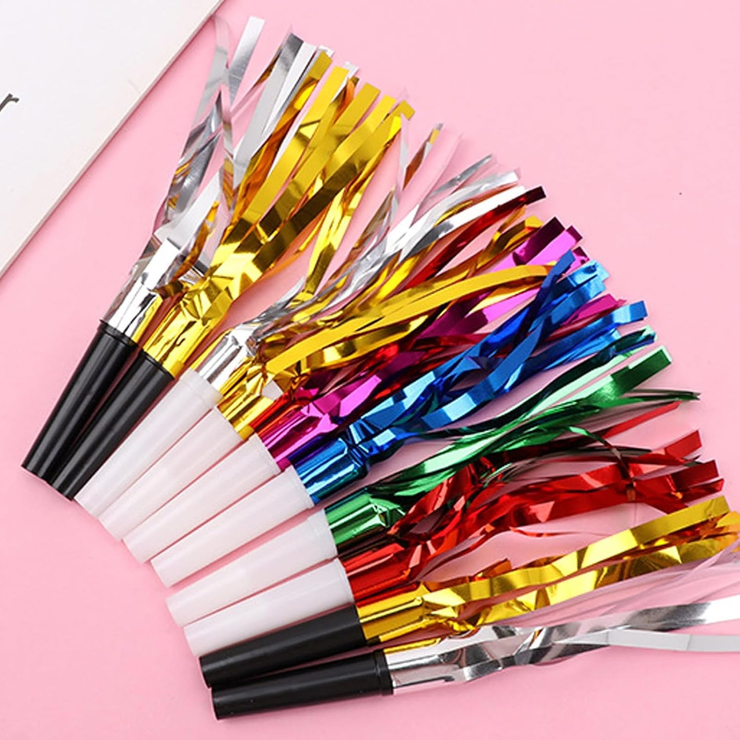 24 Pcs Glitter Noisemakers, Metal Tassel Music Birthday Blowers, Horn Whistles Party Favors Blow Out, Kids New Year's Eve Noisemakers (Color, Gold, Silver)