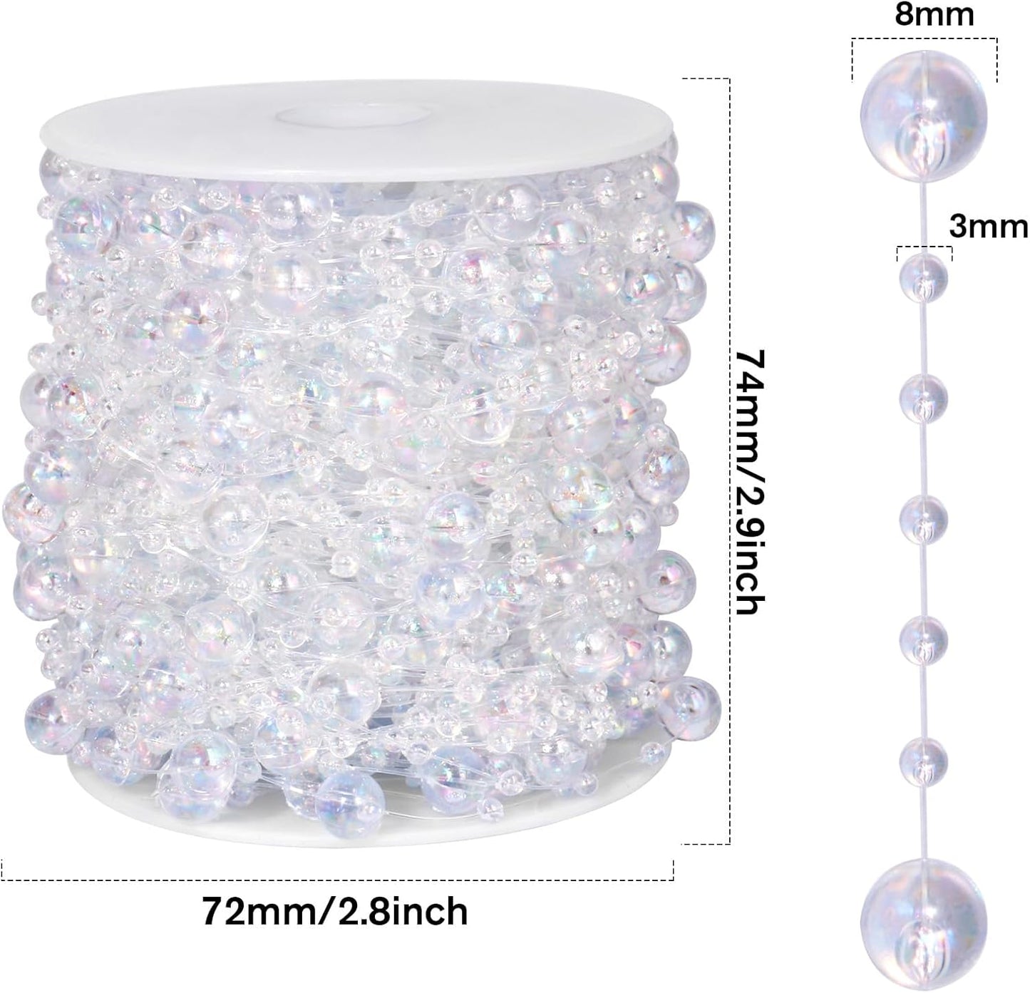 98FT Pearl Beads String Garland, 8mm 3mm Iridescent Faux Pearl Beads Roll Strand Bulk for Wedding Party Flower Christmas Decoration DIY Craft