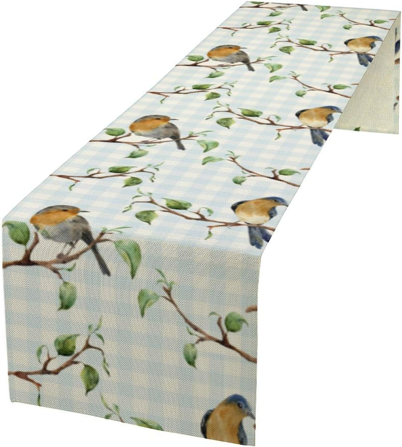 Bird Table Runner,Spring Birds Tree Blue Plaid Print Table Runner for Kitchen Dining Table Decoration Home Party Decor 13x60 Inch