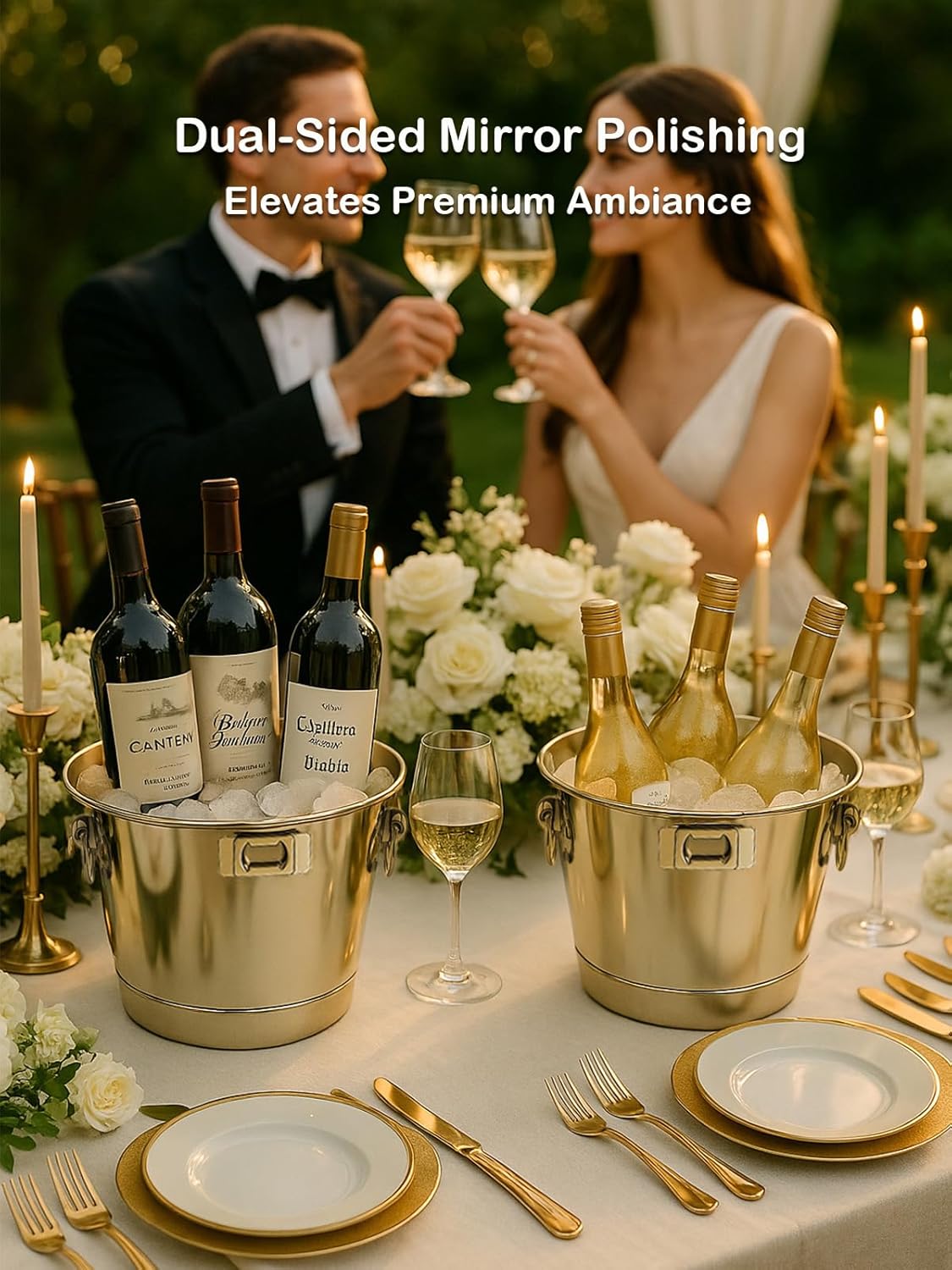 Silver 6L/6.34 Quart Ice Bucket 2Pack with Beer Opener for Party, Mimosa Bar Supplies. Stainless-Steel Beverage Tubs for Champagne Wine Cocktails, Metal Drink Cooler Holder Double Handles