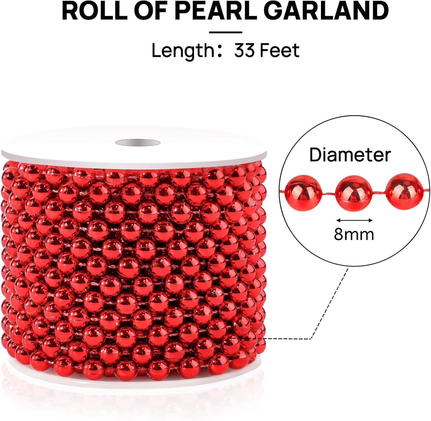 Red 8MM Faux Pearl Garland, 33 Feet Roll Strand Wedding Party Decoration, Christmas Tree Decorations
