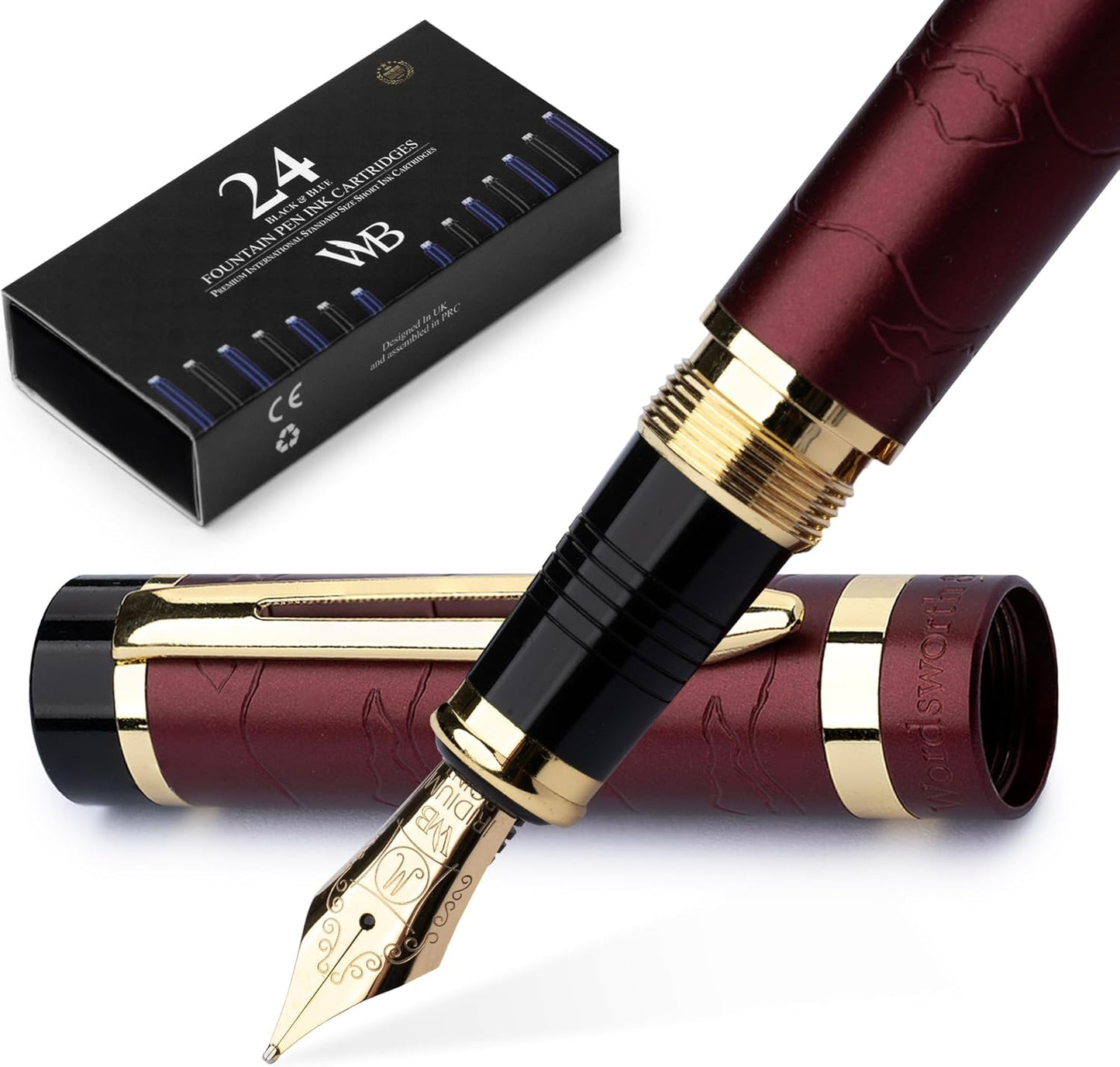 Wordsworth & Black Primori Fountain Pen Set [Red Gold]; Medium Nib, Gift Case, 24 Ink Cartridges, Refill Converter, Manual; Journaling, Calligraphy, Smooth Writing Pens; Left and Right Handed