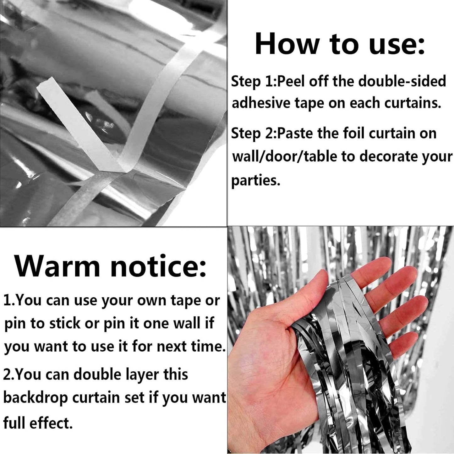 4 Pack Silver Foil Fringe Curtain Backdrop, 3.28Ft x 9.84Ft Metallic Tinsel Streamers Curtains for Party, Photo Booth Props, Birthday, 2022 Graduation Decoration Supplies