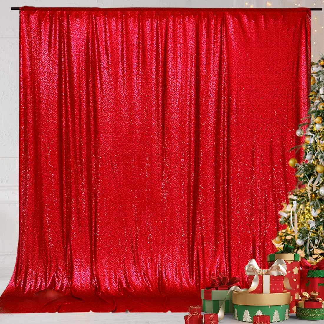 Eternal Beauty Red Sequin Backdrop, 8x8 Ft Glitter Background Curtains for Christmas Shimmer Photography Party Wedding Birthday Back Drop Decor