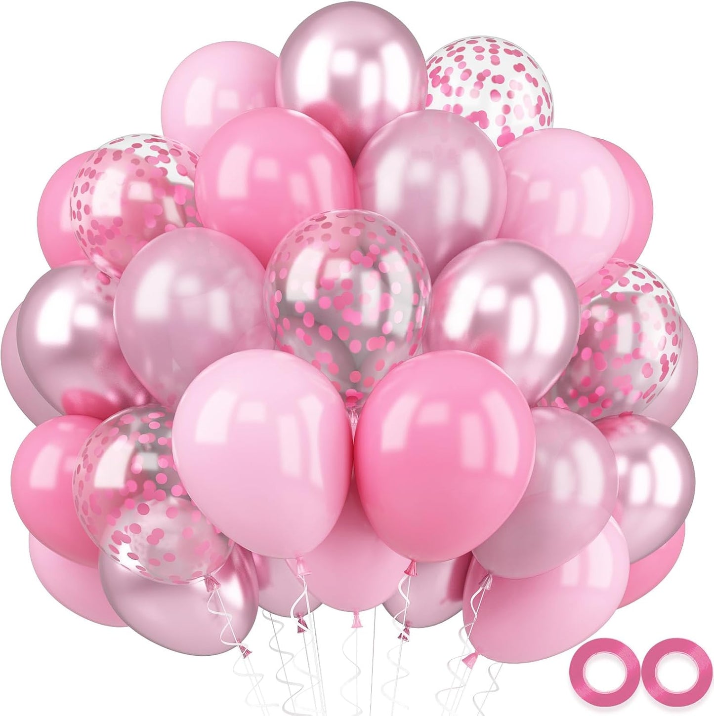Metallic Chrome Pink 52 PCS 12 Inch Latex Balloons with Pink Confetti - Cherry Blossom, Pearl, Maca for Girl Women Birthday, Wedding, Baby Shower, Party Decorations