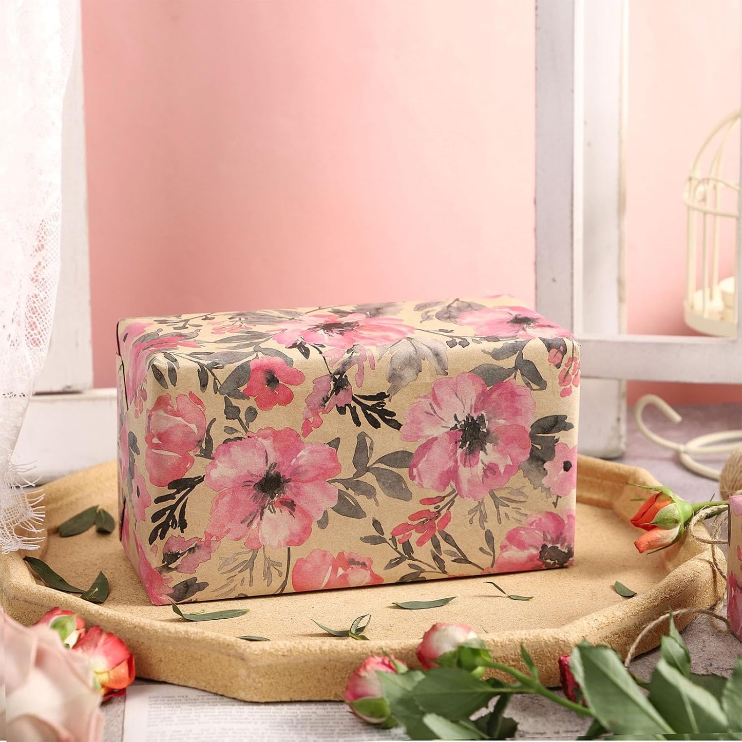 RUSPEPA Pink Wrapping Paper Roll, 17 in x 16.4 ft, Mini Roll, Floral Wrapping Paper, Kraft Gift Flower Paper for Women, Girls, Spring, Summer, Wedding and Engagement