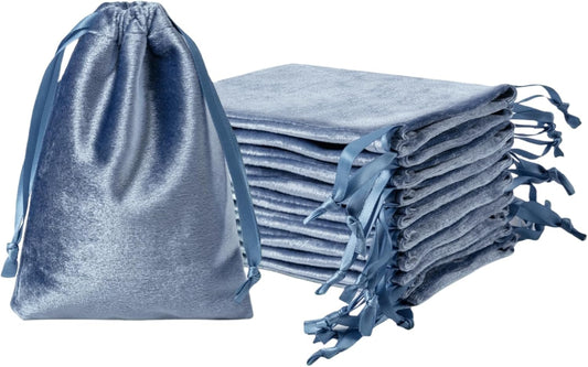 QIANF 12pcs Dusty Blue Velvet Drawstring Bags 4x6 inches Glossy Small Velvet Cloth Gift Bags Jewelry Pouches for Storage Wedding Party Favor Christmas