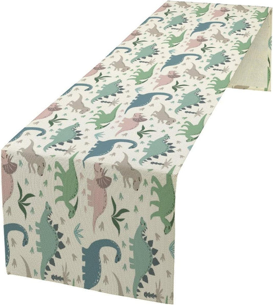 Cartoon Dinosaur Table Runner,Kids Boys Cute Colorful Animal Dino Abstract Print Tablecloth Burlap for Hotel Indoors Outdoor Dining Room Kitchen Holiday Party, 13x70in